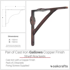 Oakcrafts -Pair of Cast Iron Gallows Shelf Brackets with a Copper Finish - 150mm x 150mm