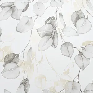 Grey Natural Floral Wallpaper White Gold Metallic Grey Eucalyptus Leaves Smooth