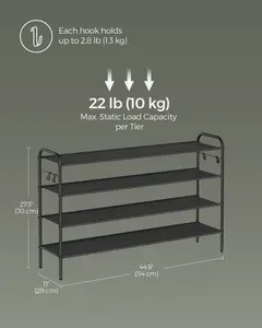 SONGMICS Shoe Rack, 4-Tier Shoe Organiser, Fabric Shoe Shelf Storage with 4 Hooks, Holds up to 24 Pairs of Shoes