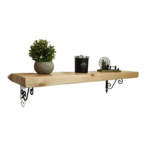 Solid Wood Handmade Rustical Shelf Primed 225mm 9 inch with Silver Metal Bracket WOZ Length of 30cm