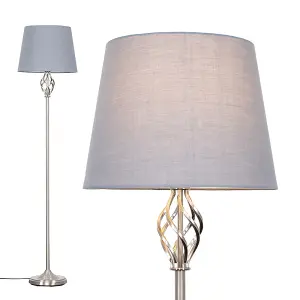 ValueLights Memphis Traditional Style Satin Nickel Barley Twist Floor Lamp with Grey Light Shade