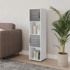 URBNLIVING 120cm Height 4 Cube Bookcase Grey Metal Door Display Storage Unit Shelving Cupboard White