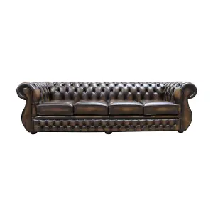 Chesterfield Original 4 Seater Sofa Antique Gold Real Leather In Kimberley Style