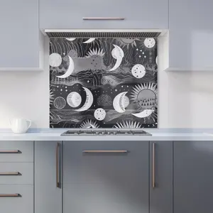 Abstract Black White Moon and Sun Premium Glass Kitchen Splashback W600mm x H650mm