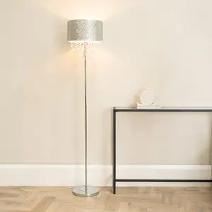 ValueLights Bonita Silver Glitter Droplet Shade Floor Lamp and LED Bulb