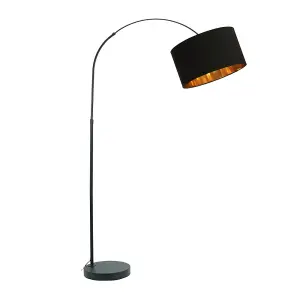 ValueLights Louis Black Arched Curved Floor Lamp with Black and Gold Inner Shade & LED Bulb