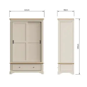 2 Door 1 Drawer Sliding 1.2M Combination Wardrobe Putty Painted Oak