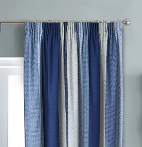 Home Curtains Seville Printed Stripe Lined 90w x 84d" (229x213cm) Blue Pencil Pleat Curtains (PAIR) With Tiebacks Included