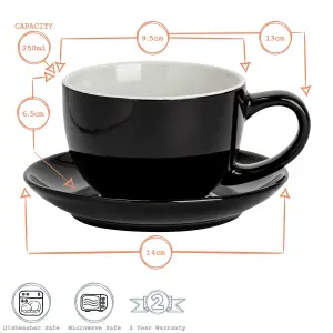 Argon Tableware - Coloured Cappuccino Cup & Saucer Set - 250ml - 12pc - Black