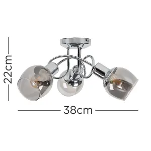 ValueLights Zarah 3 Way Silver Chrome Swirl Arm Twist Design Ceiling Light with Smoked Glass Shades and LED Filament Bulbs