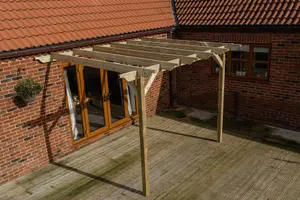 Lean to wooden garden pergola kit - Sculpted design wall mounted gazebo, 3m x 4.8m (Natural finish)