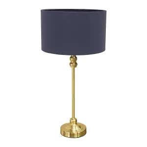 ValueLights Maggie Gold Metal Candlestick Slim Table Lamp with Navy Blue Fabric Drum Lamp Shade and LED Bulb