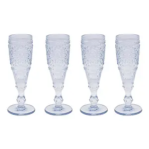 Flute Glasses Blue 4-Set Embossed Design Bar Liquor Champagne Glass Drinkware