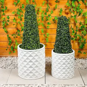 Set of 2 Large Handmade Round Plant Pots - Modern MgO Flower Planters with Geometric Texture Design and Drainage Hole