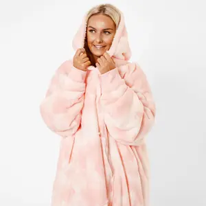 Dreamscene Tie-Dye Hooded Blanket Oversized Wearable Sherpa Fleece, Blush Pink