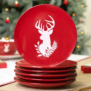 Set of 6 Red Stag Design Christmas Dinnerware Side Plates