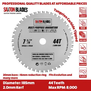 Saxton TCT18544TMPT20B TCT Multi Purpose Innovation Circular Saw Blade 185mm x 44T x 20mm Bore + 16mm ring