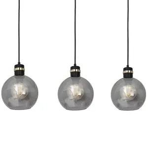 Milagro Omega Hand Made Linear Pendant Lamp With Elegant Smoked Glass Spheres Quality Matt Black Fittings With Gold Detail