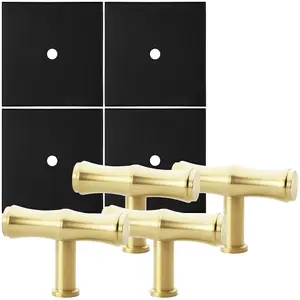 4 PACK - Cabinet Door Knob & Contrasting Backplate Set - Bamboo T Bar Pull - Satin Brass & Matt Black