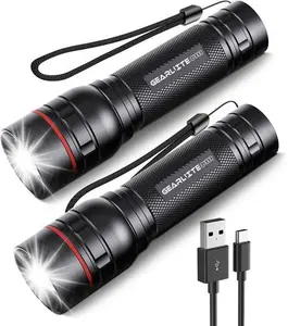 GEARLITE LED Torch Rechargeable, 2 Pack Super Bright Adjustable Focus Flashlight, 3 Lighting Modes, Long Battery Life, Waterproof Pocket Size Torch