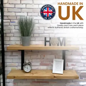 80cm Double Rustic Wooden Shelves Wall-Mounted Shelf with Seated Black L Brackets, Kitchen Deco(Rustic Pine, 80cm (0.8m)