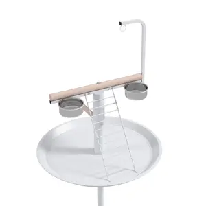 PawHut Bird Table with Four Wheels, Perches, Stainless Steel Bowls, Round Tray