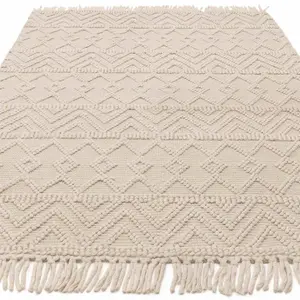 Handmade Easy to Clean Kilim Modern Wool Ivory Geometric Striped Wool Rug for Living Room & Bedroom-160cm X 230cm