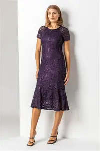 Roman Metallic Lace Sequin Midi Dress - Purple - Casual Dresses Size 10