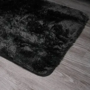 Sienna Fluffy Rug Anti-Slip Plain Shaggy Floor Mat, Black - 80 x 150cm