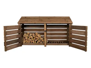 Slatted wooden log store with door W-227cm, H-126cm, D-88cm - brown finish