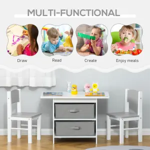 HOMCOM 3 Pcs Kids Table & Chairs Set Toddler Furniture w/ Storage Drawers White