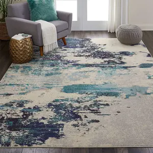 Ivory/Teal/Blue Modern Easy to Clean Abstract Graphics Rug For Dining Room -66cm X 114cm