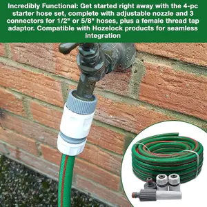 10M Garden Hose Set Complete 4-Pc Starter Kit with Adjustable Nozzle,3 Connectors for 1/2" & 5/8" Hoses, Compatible with Hozelock