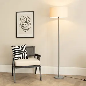 ValueLights Heather Grey Wood Stem Floor Lamp with Natural White Trim Drum Shade and LED Bulb