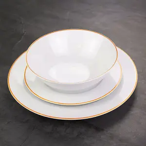 Set of 4 Durable White Ceramic Dinner Plates with Elegant Orange Rim