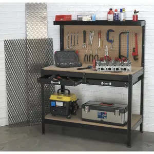 1.2m Workstation with Pegboard, Drawers, and Storage Shelf - Durable MDF Top