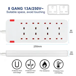 8 Way Socket with Cable 3G1.25,2M,White,with Indicate Light, Child Resistant Sockets