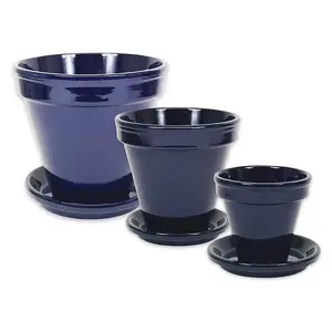 Dipped Blue Hand Painted Set of 3 Classic Pots & Drainage Plates (D) 16-29cm