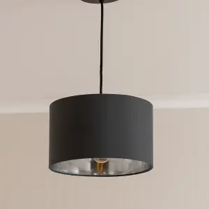 ValueLights Reni Small Black Fabric with Metallic Chrome Silver Inner Drum Ceiling Lamp Shade and Bulb