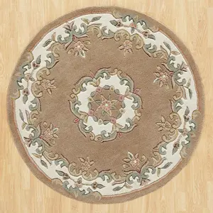 Handmade Bordered Floral Easy to Clean Beige Traditional Wool Rug for Living Room & Bedroom-160cm X 235cm