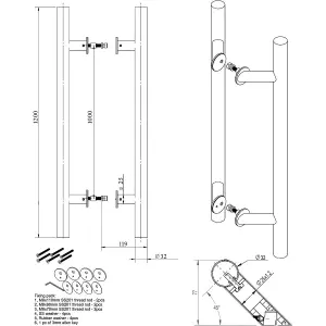 AFIT Satin Stainless Steel Guardsman Pull Handles - Offset Back to Back Fix 1200 x 32mm