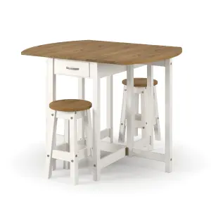 Corona White oval breakfast drop leaf gateleg table & 2 stool set, 114.0/50.0cm wide x 89cm deep x 84cm high