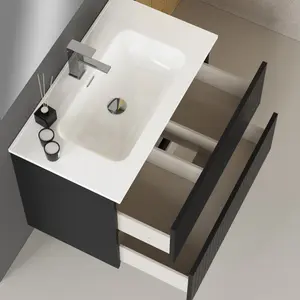 Banyetti Linea Matt Black Fluted Double Drawer Wall Hung Vanity Unit Including Basin 800mm x 460mm