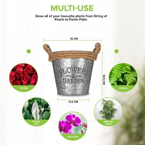 LIVIVO Zinc Plant Pot with Cotton Rope Handles - 'Flowers & Garden' Design for Outdoor or Indoor, Flower Herb & Pot (Set of 3)