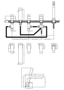 Deck Mount Square 5 Tap Hole Bath Shower Mixer Tap with Shower Kit - Chrome