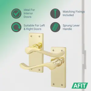 AFIT Polished Brass Victorian Scroll Bathroom Door Handle Set, 1 Pair of Internal Handles on Backplate, Hinges 76mm & Locks 64mm