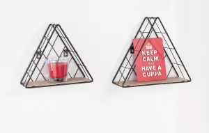 Loft triangle set of 2 display shelf set - black metal and wood effect