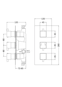 Square Concealed Triple Thermostatic Shower Valve (2 Outlets) - Chrome - Balterley