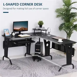 HOMCOM L-Shaped Corner Work Desk Gaming Office W/ Steel Frame CPU Rack Keyboard Tray Space-Saving Melamine Coating Computer, Black | Aosom UK