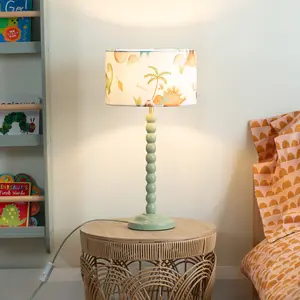 Sage Green Bobbin Stem Table Lamp with Dino Drum Shade for Living Room Bedroom